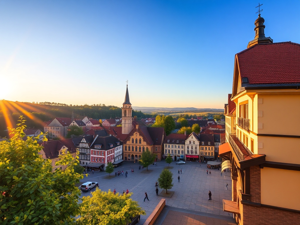 Malowniczy widok na Szklarską Porębę otoczoną górami Karkonoszami, z widoczną rzeką i zabudowaniami