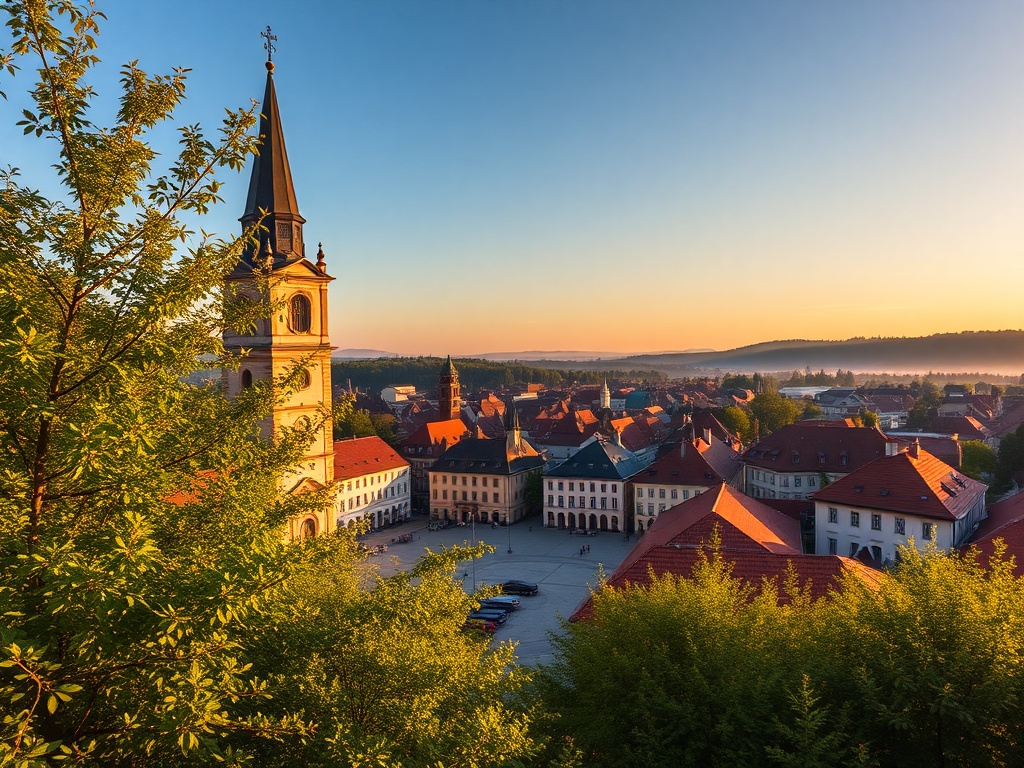 Malowniczy widok na Szklarską Porębę z otaczającymi ją zielonymi wzgórzami Karkonoszy w słoneczny wiosenny dzień.