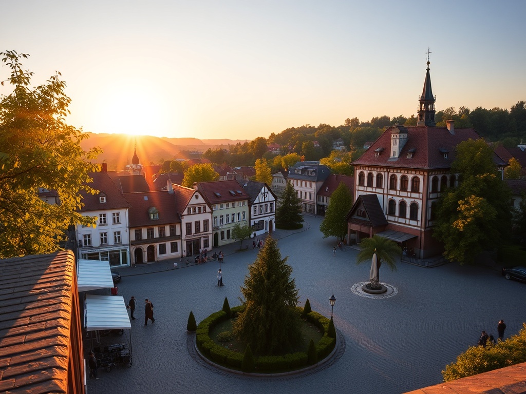 Malowniczy widok na Szklarską Porębę w Karkonoszach wiosną, z zielonymi dolinami i ośnieżonymi szczytami w tle.